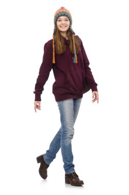 Sırt çantalı gülümseyen öğrenci beyaza izole edilmiş.