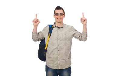 Beyaz izole sırt çantası ile gülümseyen beyaz öğrenci