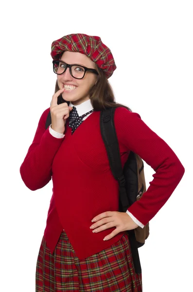 Mädchen in schottischer Schottenkleidung isoliert auf weißem Grund — Stockfoto