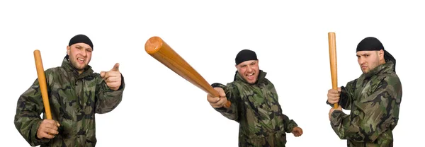 Soldado con bate de béisbol en blanco — Foto de Stock