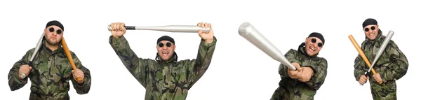 Soldier with baseball bat on white — Stock Photo, Image