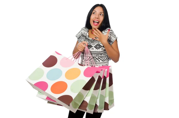 Mulher com sacos de compras isolados em branco — Fotografia de Stock