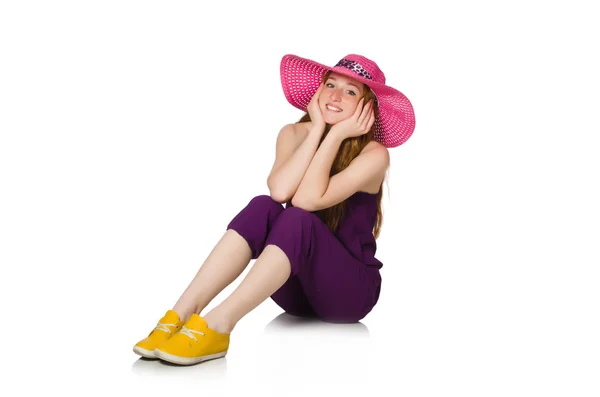 Mooie romantische meisje in paarse overall geïsoleerd op wit — Stockfoto