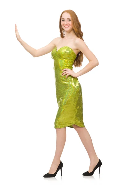 Red hair girl in sparkling green dress isolated on white — Stock Photo, Image