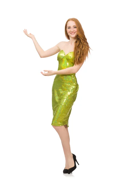 Red hair girl in sparkling green dress isolated on white — Stock Photo, Image