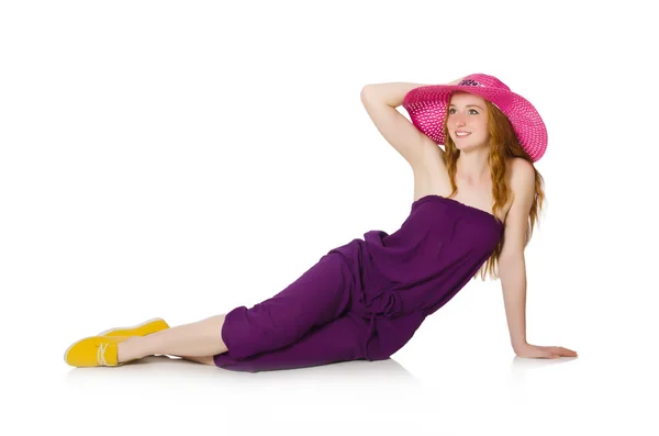 Pretty romantic girl in purple overalls isolated on white — Stock Photo, Image