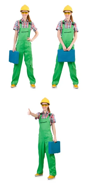 Woman in green coveralls isolated on white — Stock Photo, Image