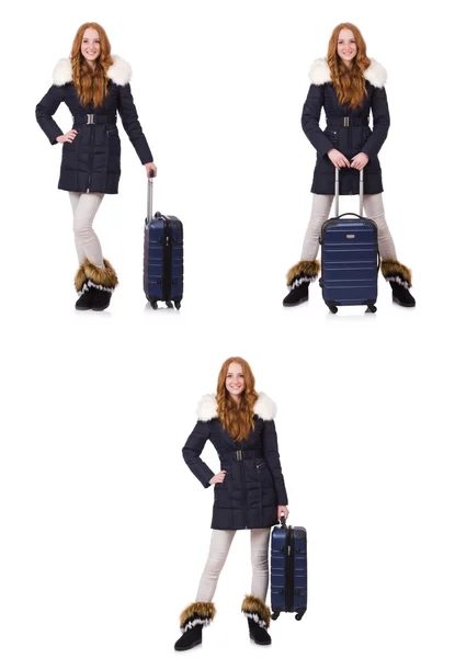 Frau mit Koffer bereitet sich auf Winterurlaub vor — Stockfoto