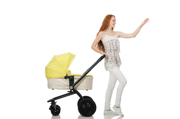 Жінка з дитиною і коляскою ізольовані на білому — стокове фото