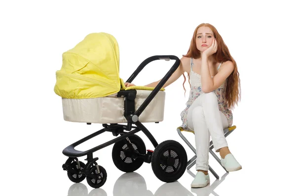 Woman with baby and pram isolated on white — Stock Photo, Image