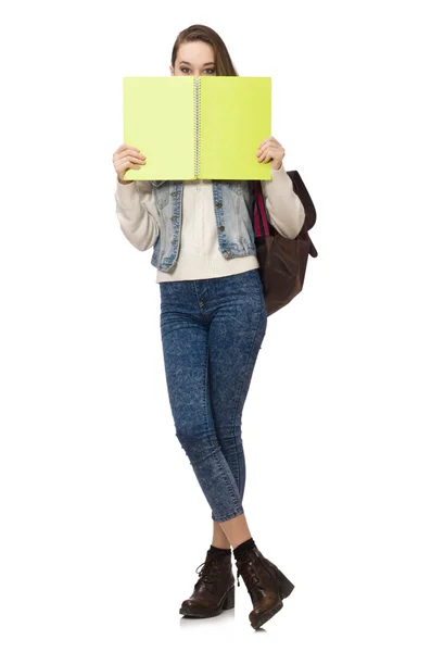 Bella studente in possesso di libri di testo isolati su bianco — Foto Stock