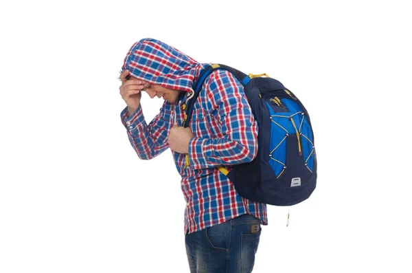 Vermoeide student met rugzak geïsoleerd op wit — Stockfoto