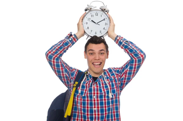 Student holding alarm clock isolated on white — Stock Photo, Image