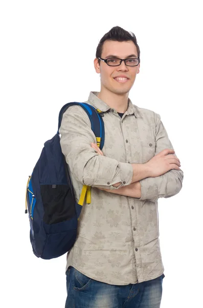 Estudante caucasiano sorridente com mochila isolada em branco — Fotografia de Stock