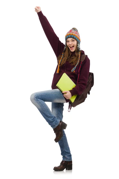 Lächelnder Student mit Rucksack und Buch auf weißem Grund — Stockfoto