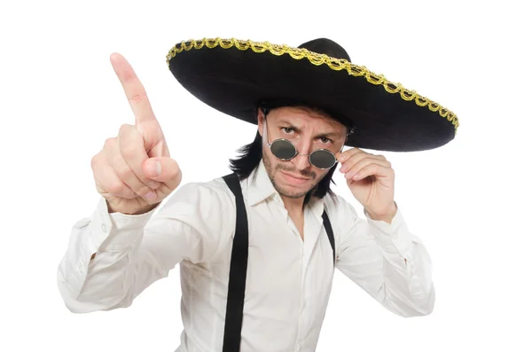 Man wearing mexican sombrero isolated on white — Stock Photo, Image