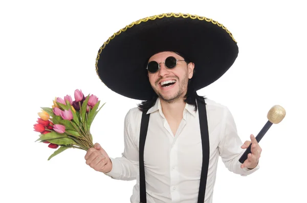 Messicano sorridente con fiori e microfono isolato su bianco — Foto Stock