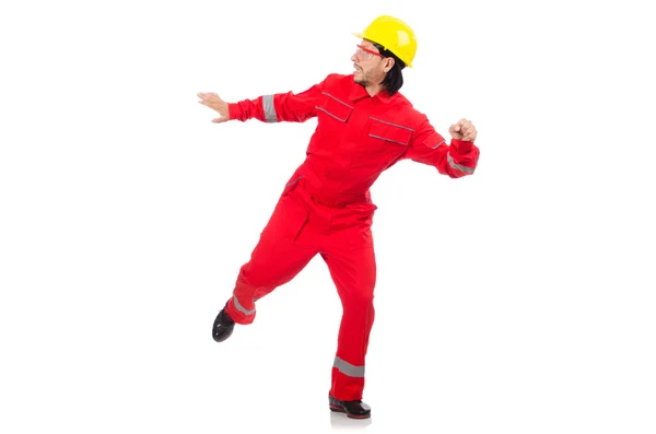 Man wearing red coveralls isolated on white — Stock Photo, Image