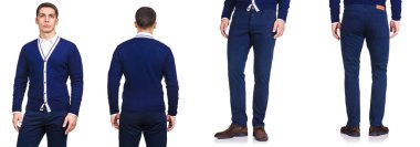 Moda konsepti olan genç bir adam beyazlara izole edilmiş.