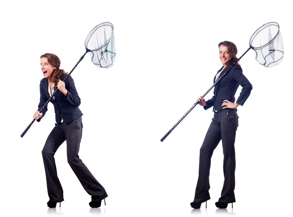 Woman with catching net and papers — Stock Photo, Image