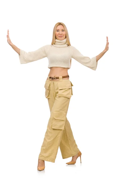 Jolie femme en pantalon beige isolé sur blanc — Photo