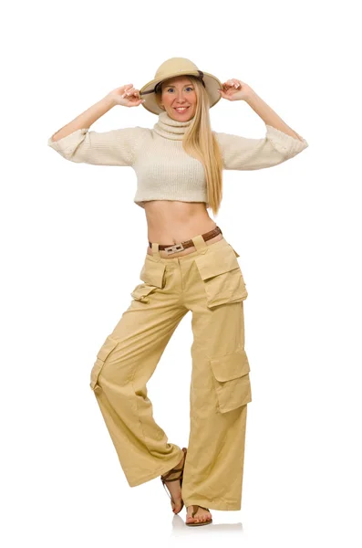 Bella donna in pantaloni beige isolato su bianco — Foto Stock