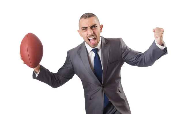 Hombre con pelota de fútbol americano aislado en blanco — Foto de Stock