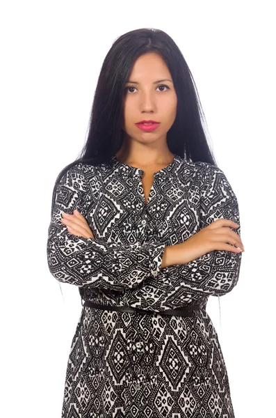 Mulher de cabelo preto em vestido cinza longo isolado no branco — Fotografia de Stock