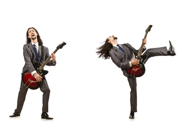 Funny guitar player isolated on white — Stock Photo, Image