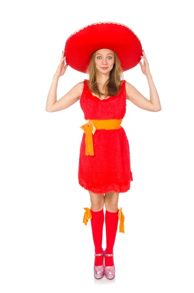 Vrouw draagt sombrero op de witte — Stockfoto