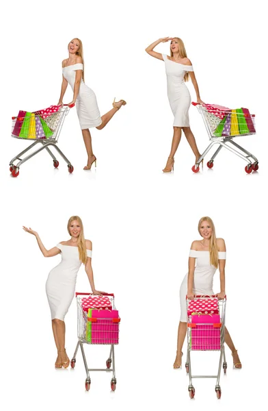 Mulher no conceito de compras isolado no branco — Fotografia de Stock