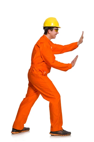 Man in oranje overall geïsoleerd op wit — Stockfoto