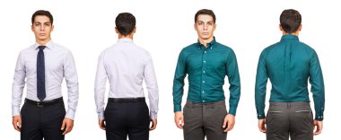 Moda konsepti olan genç bir adam beyazlara izole edilmiş.