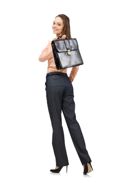 Ładny kierownik biura z walizką odizolowaną na biało — Zdjęcie stockowe