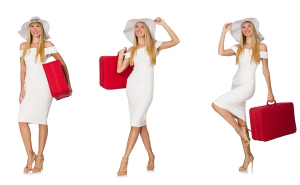 Resande kvinna med resväska isolerad på vitt — Stockfoto