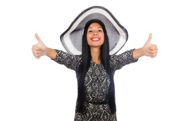 Mujer de pelo negro en vestido largo gris aislado en blanco —  Fotos de Stock