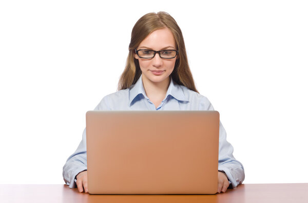 Office employee holding laptop isolated on white