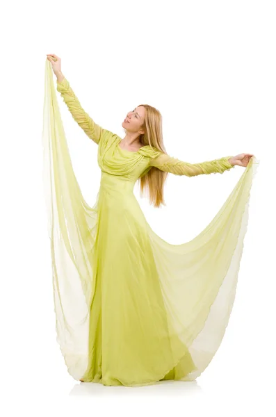 Zarif, uzun yeşil elbiseli, beyaz tenli genç bir kadın. — Stok fotoğraf