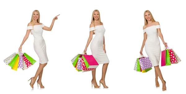 Donna con shopping bags isolata su bianco — Foto Stock