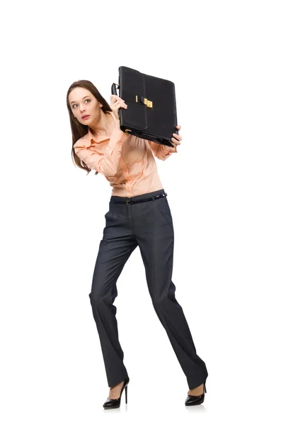 Ładny kierownik biura z walizką odizolowaną na biało — Zdjęcie stockowe