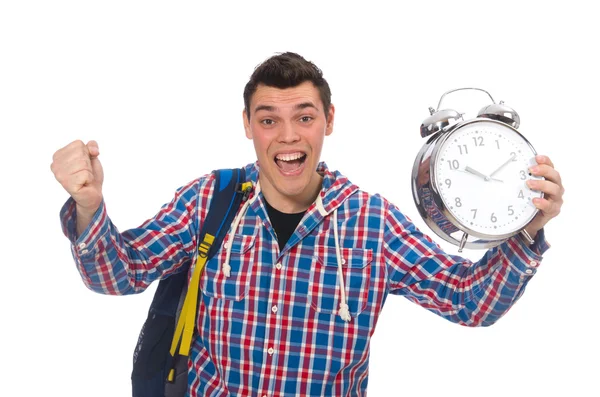 Student holding alarm clock isolated on white — Stock Photo, Image