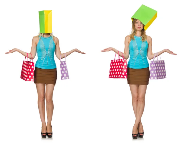 Femme avec des sacs à provisions isolés sur blanc — Photo