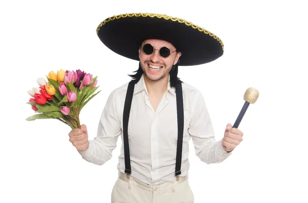 Mexicano sorridente com flores e microfone isolado em branco — Fotografia de Stock