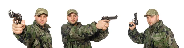 Voják s pistolí izolovanou na bílém — Stock fotografie