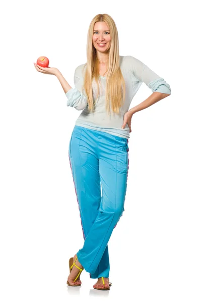 파란색 트레이닝 바지를 입고 흰색에 고립 된 젊은 여자 — 스톡 사진