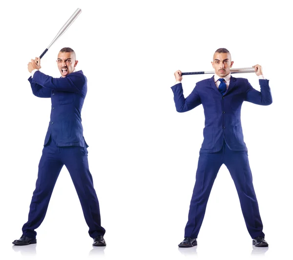 Handsome businessman with bat on white — Stock Photo, Image