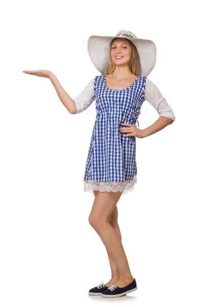 Χαμογελαστή γυναίκα σε καρό απλό φόρεμα και καπέλο — Φωτογραφία Αρχείου