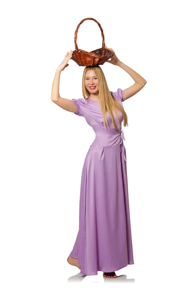 Mulher loira segurando cesta com frutas isoladas em branco — Fotografia de Stock