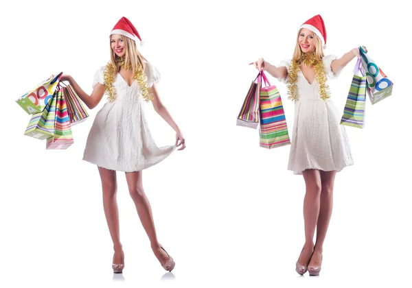 Mujer con bolsas aisladas en blanco — Foto de Stock