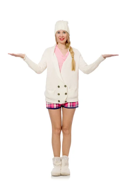 Vrij lachend meisje in roze jas geïsoleerd op wit — Stockfoto